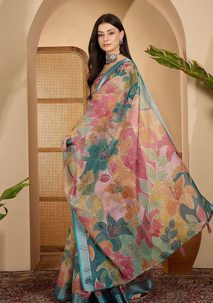 Elegant Print Linen Saree with Unstitched Blouse