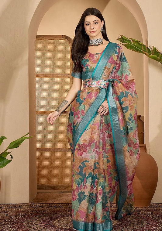 Elegant Print Linen Saree with Unstitched Blouse