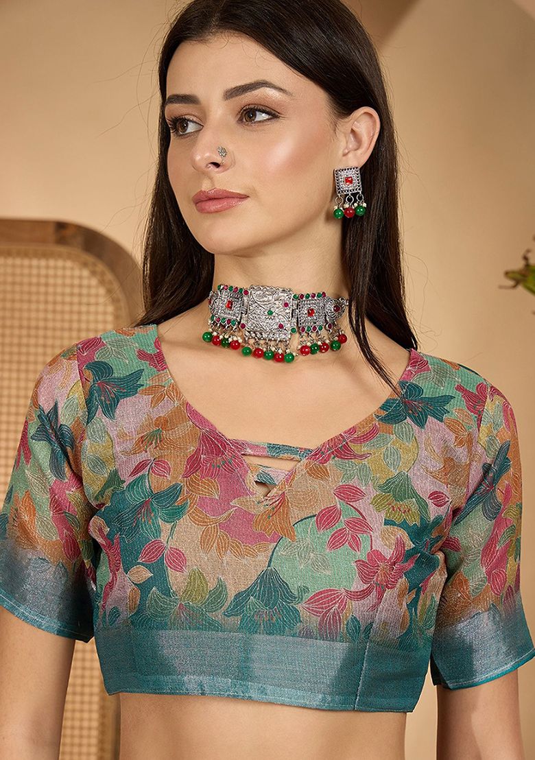 Elegant Print Linen Saree with Unstitched Blouse