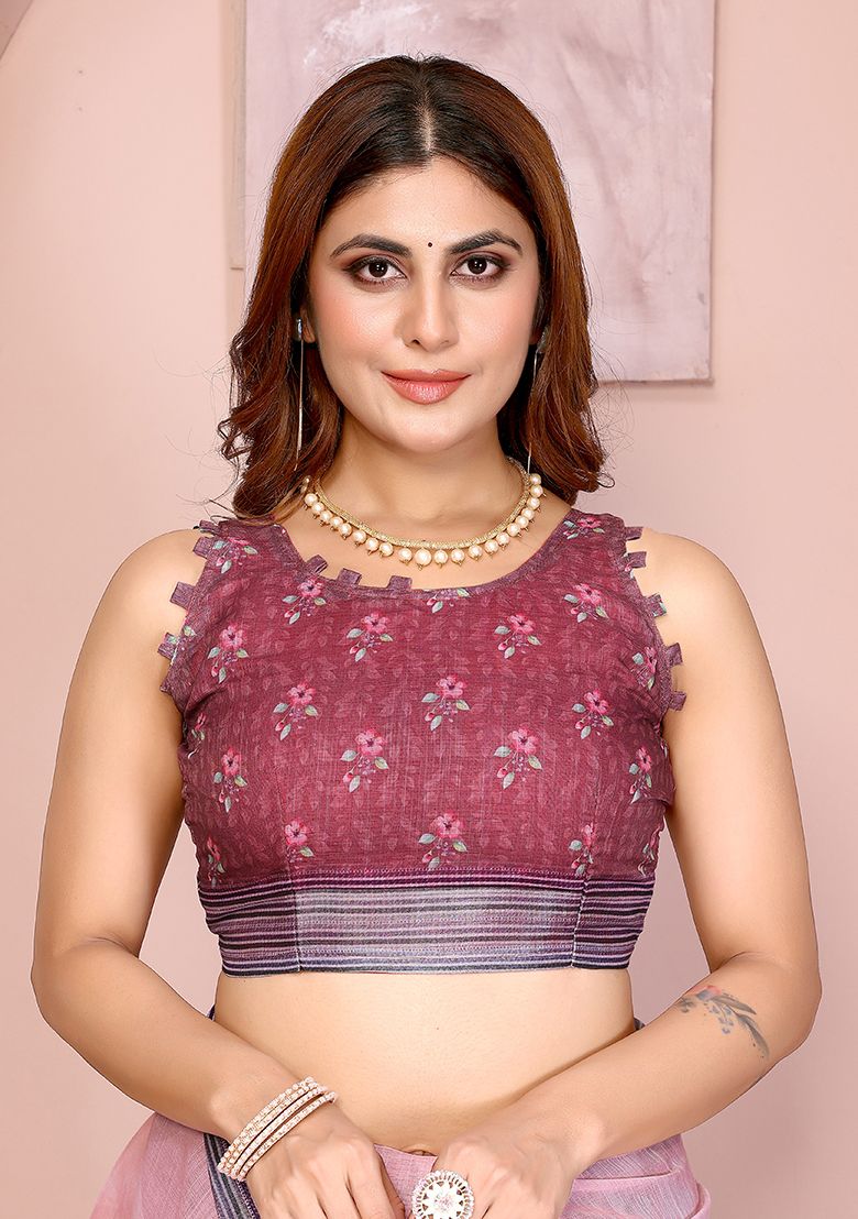 Pink Flower Print Linen Saree with Unstitched Blouse