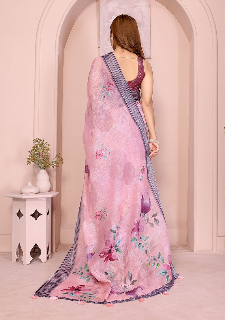 Pink Flower Print Linen Saree with Unstitched Blouse