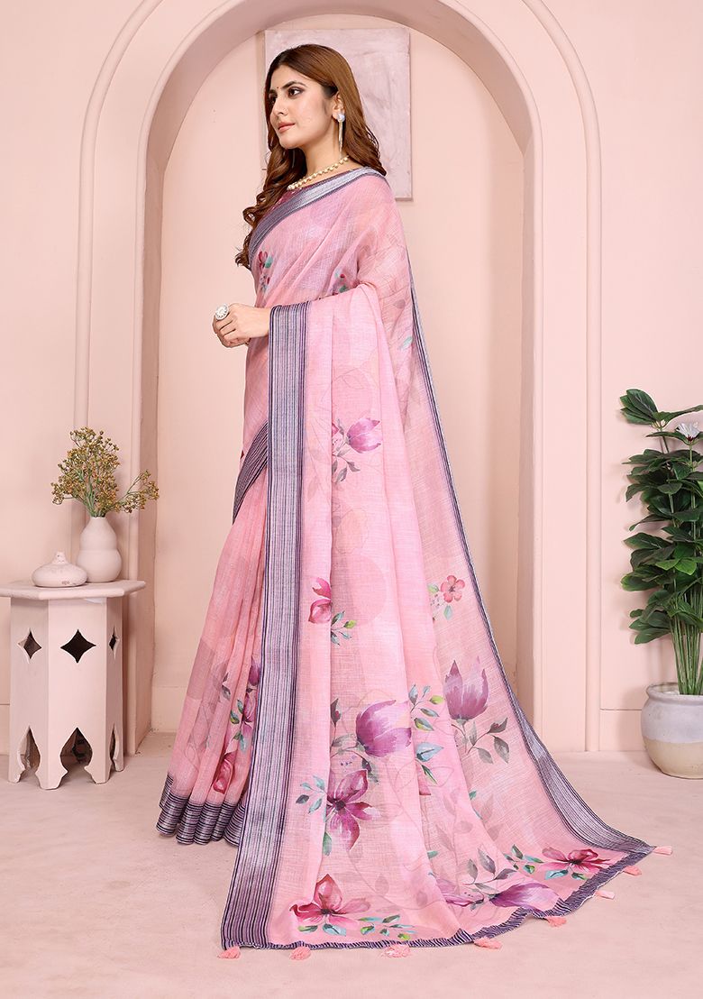 Pink Flower Print Linen Saree with Unstitched Blouse