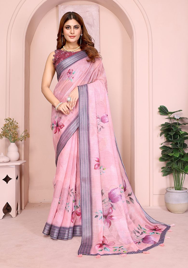 Pink Flower Print Linen Saree with Unstitched Blouse