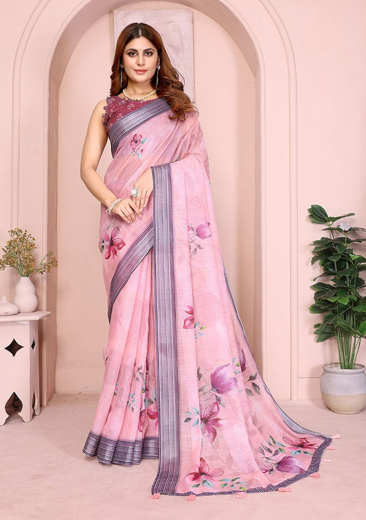 Pink Flower Print Linen Saree with Unstitched Blouse