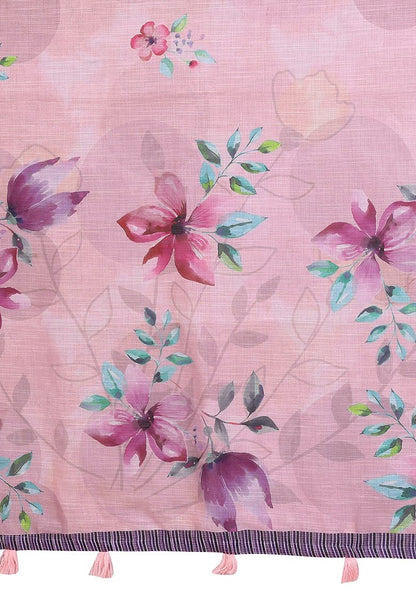Pink Flower Print Linen Saree with Unstitched Blouse