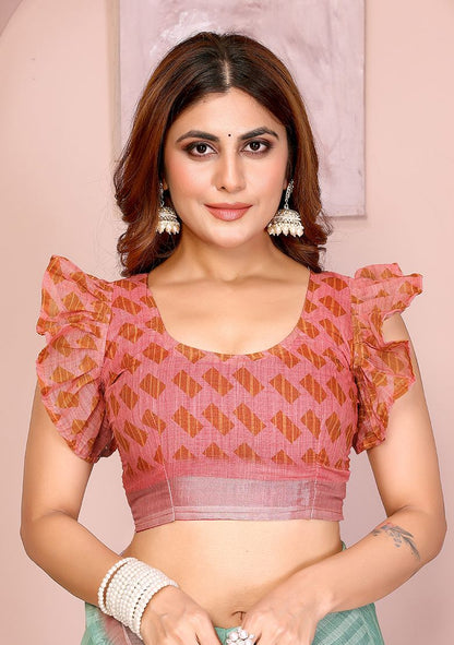 Multi Flower Print Linen Saree with Unstitched Blouse