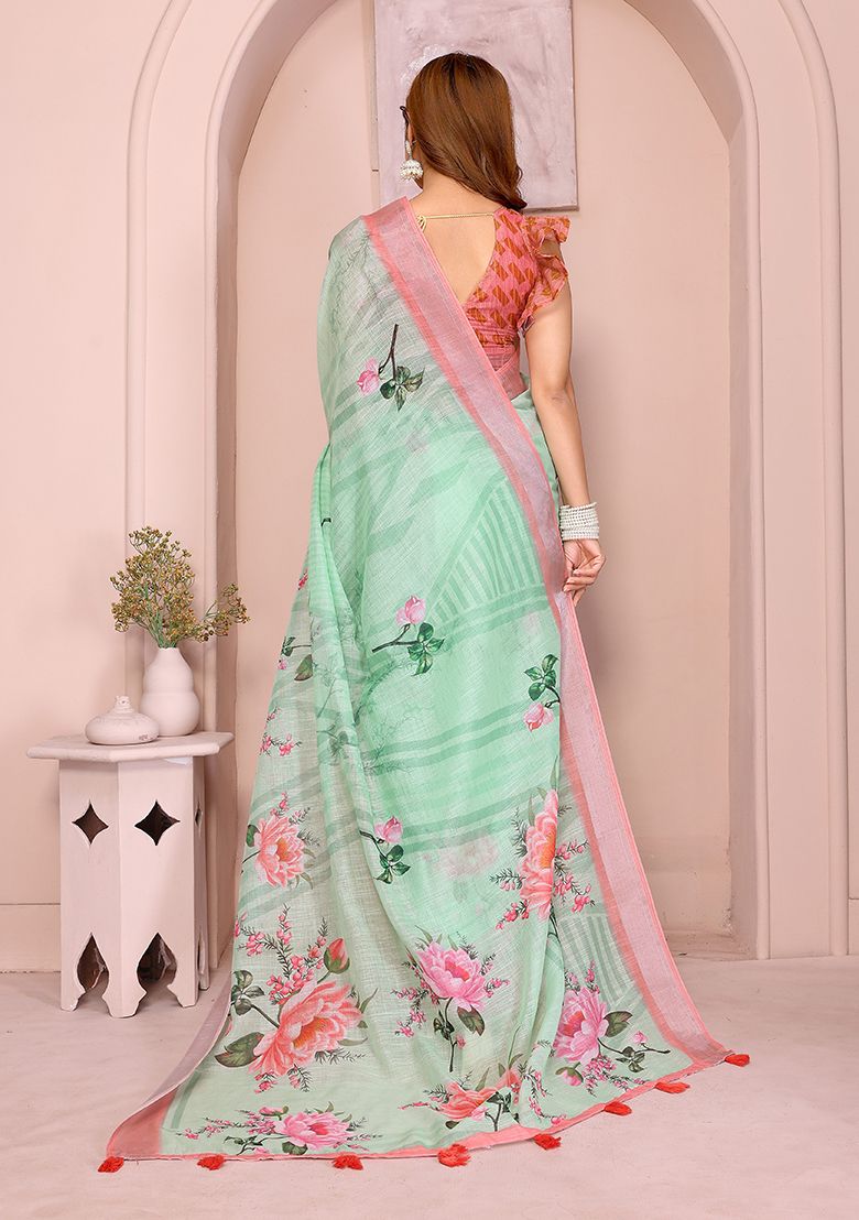 Multi Flower Print Linen Saree with Unstitched Blouse