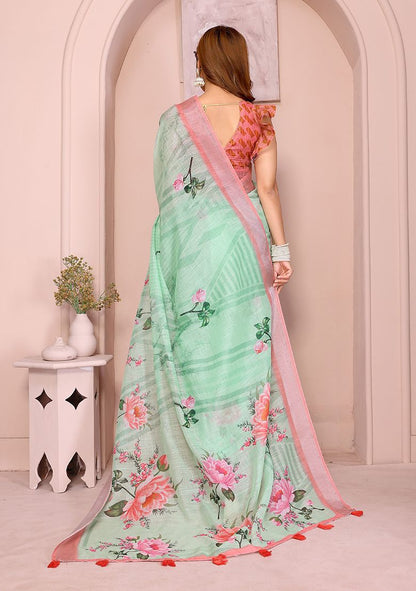 Multi Flower Print Linen Saree with Unstitched Blouse