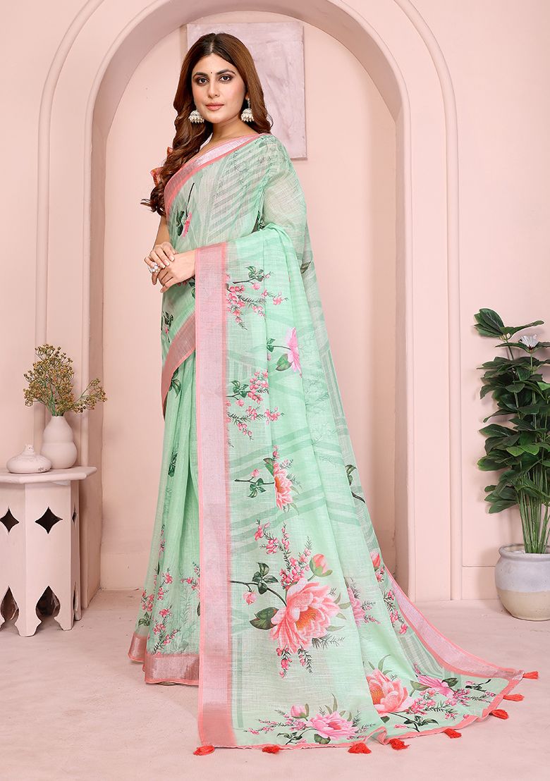 Multi Flower Print Linen Saree with Unstitched Blouse