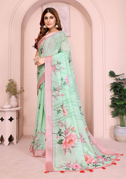 Multi Flower Print Linen Saree with Unstitched Blouse
