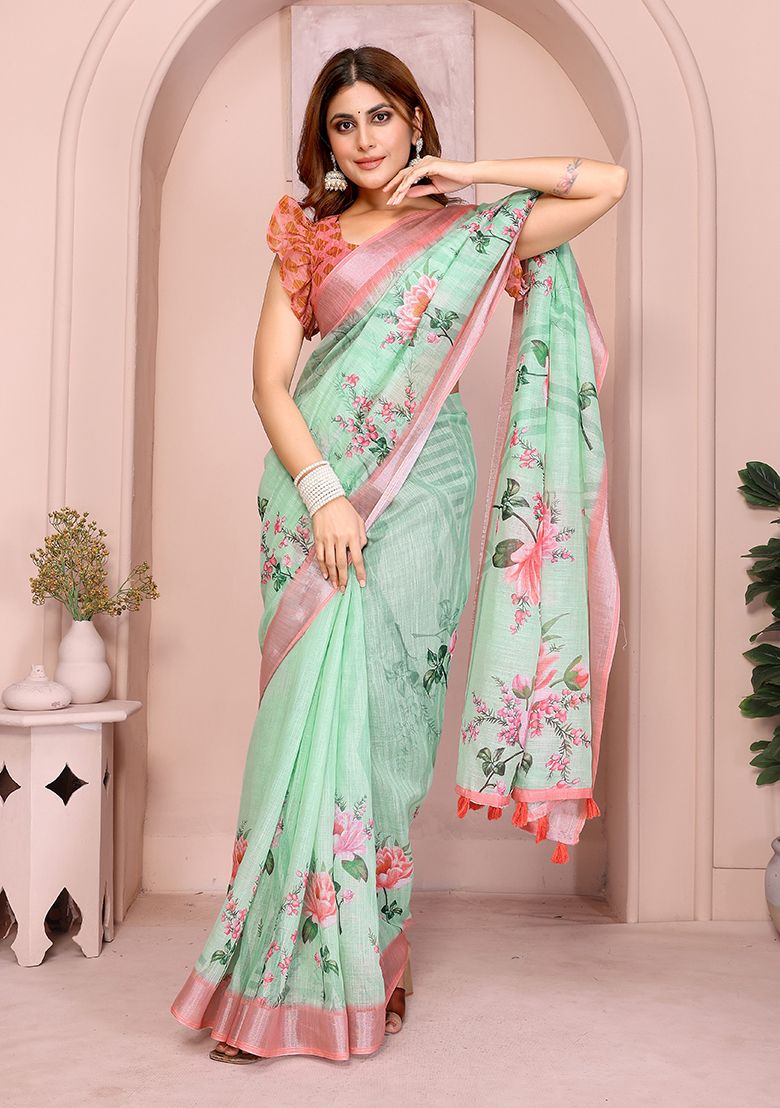 Multi Flower Print Linen Saree with Unstitched Blouse