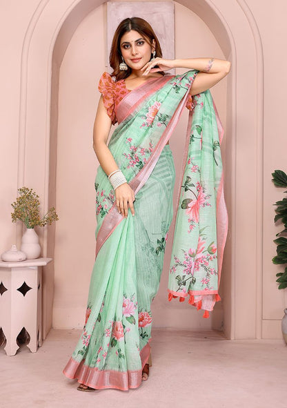 Multi Flower Print Linen Saree with Unstitched Blouse