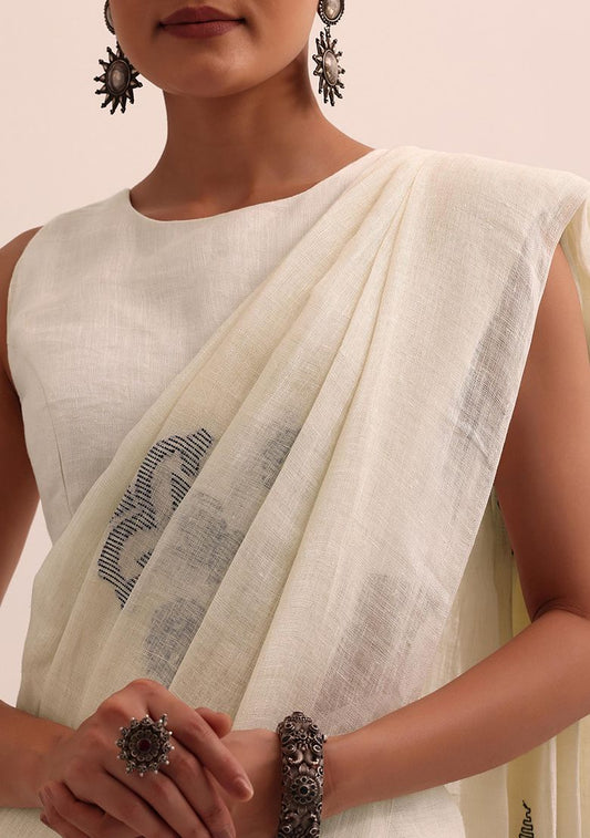 White Elegant Print Linen Saree with Unstitched Blouse