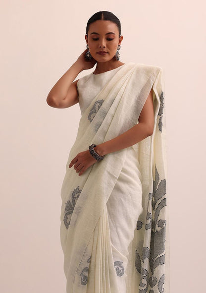 White Elegant Print Linen Saree with Unstitched Blouse