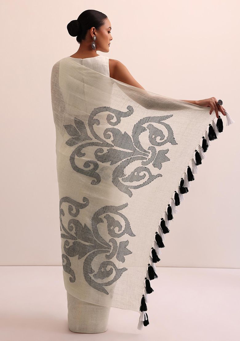 White Elegant Print Linen Saree with Unstitched Blouse