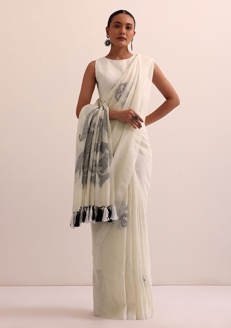 White Elegant Print Linen Saree with Unstitched Blouse