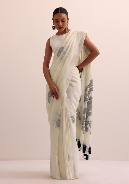 White Elegant Print Linen Saree with Unstitched Blouse