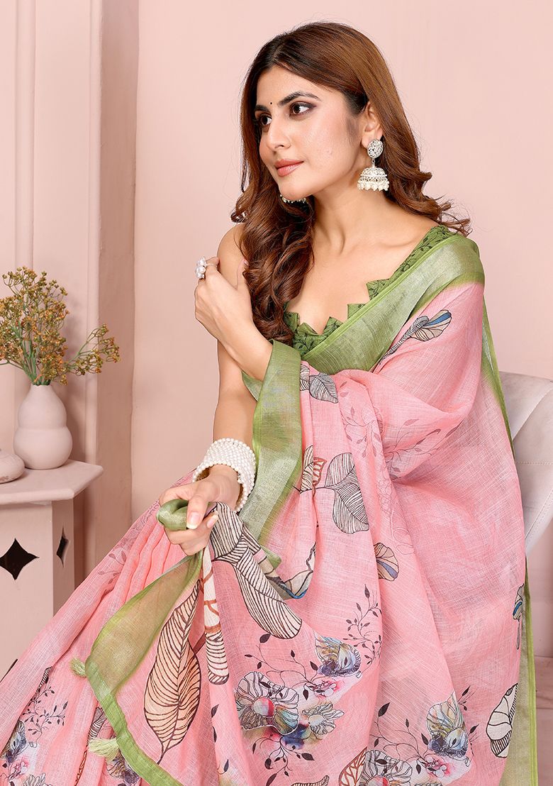 Multi Flower Print Linen Saree with Unstitched Blouse