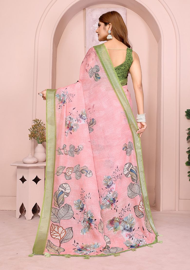 Multi Flower Print Linen Saree with Unstitched Blouse
