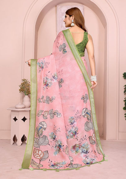 Multi Flower Print Linen Saree with Unstitched Blouse