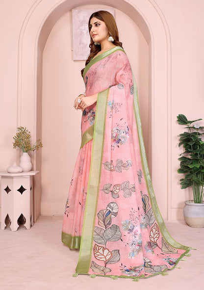 Multi Flower Print Linen Saree with Unstitched Blouse