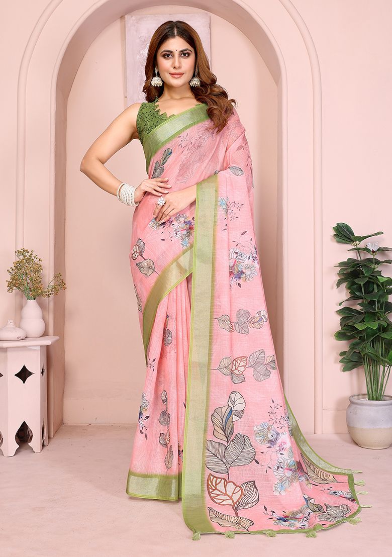 Multi Flower Print Linen Saree with Unstitched Blouse