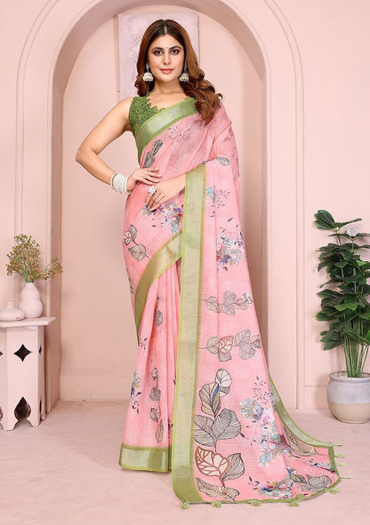 Multi Flower Print Linen Saree with Unstitched Blouse