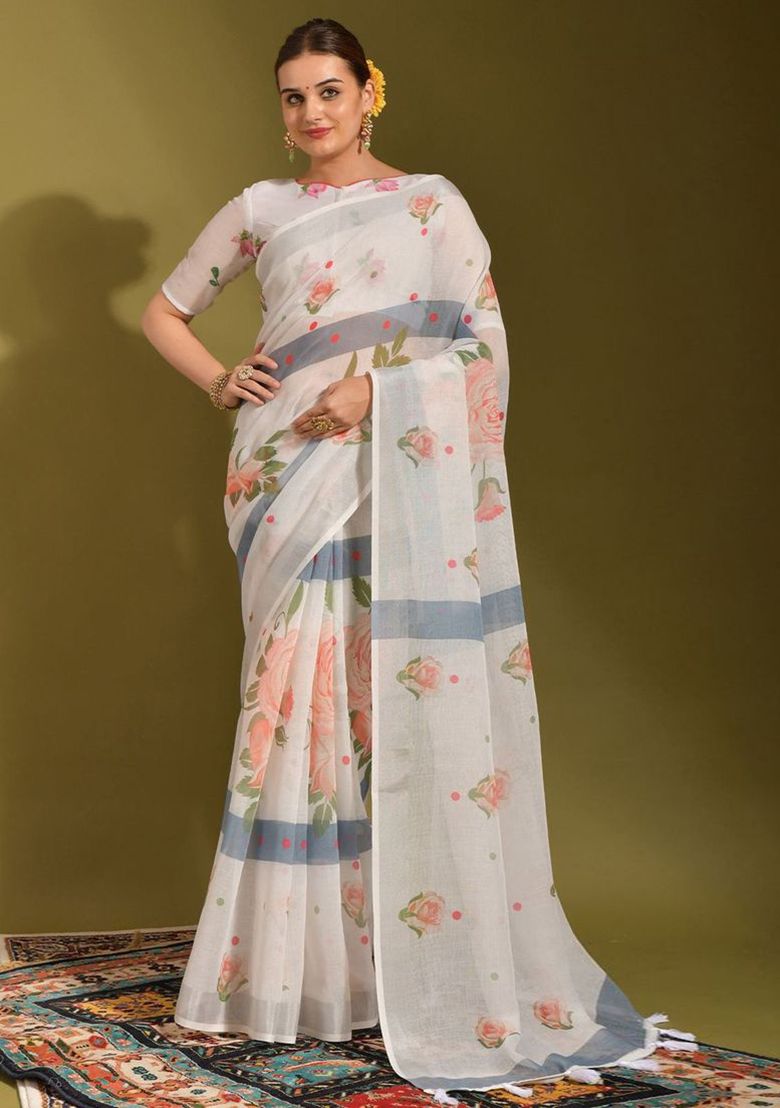 Luxury White Digital Flower Printed Linen Saree With Elegant Unstitched Blouse Piece