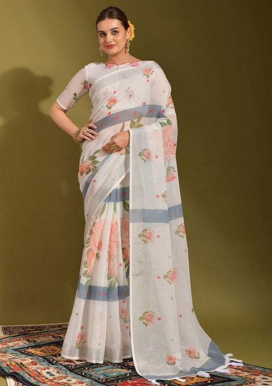 Luxury White Digital Flower Printed Linen Saree With Elegant Unstitched Blouse Piece