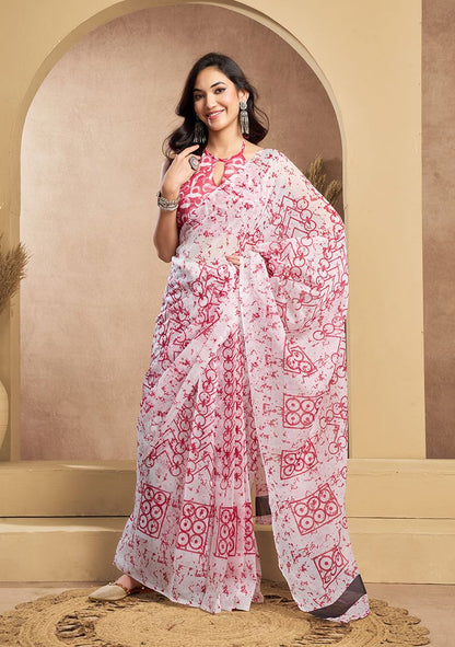 Multicolor Digital Printed Linen Saree With Elegant Unstitched Blouse Piece