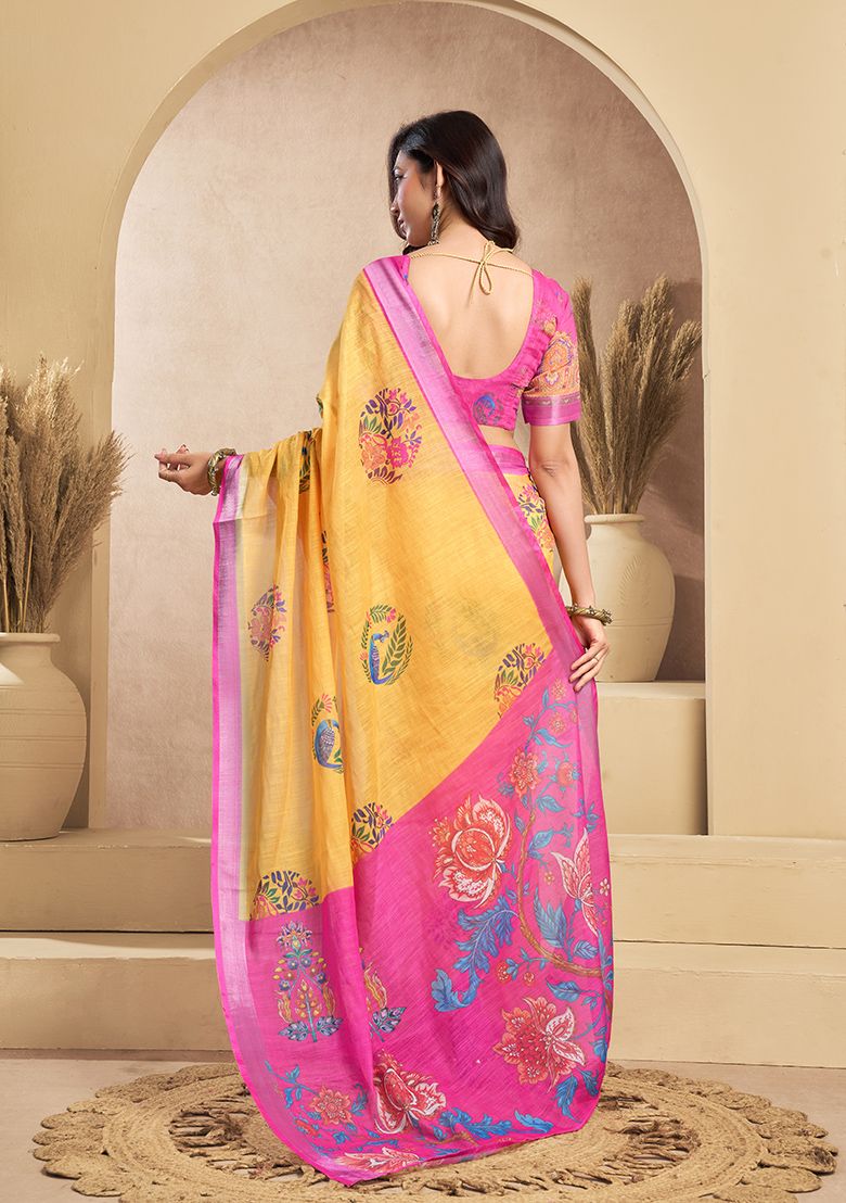 Luxury Flower Print Digital Printed Linen Saree With Elegant Unstitched Blouse Piece