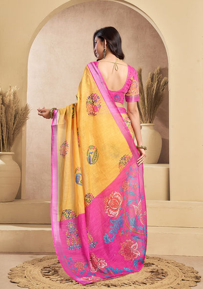 Luxury Flower Print Digital Printed Linen Saree With Elegant Unstitched Blouse Piece
