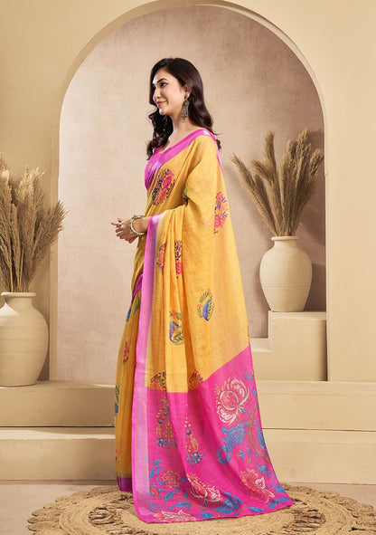 Luxury Flower Print Digital Printed Linen Saree With Elegant Unstitched Blouse Piece