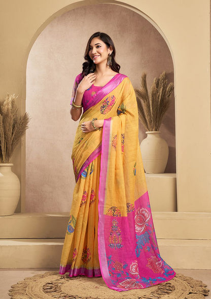 Luxury Flower Print Digital Printed Linen Saree With Elegant Unstitched Blouse Piece
