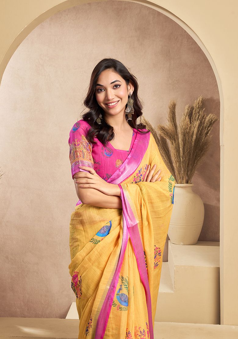 Luxury Flower Print Digital Printed Linen Saree With Elegant Unstitched Blouse Piece