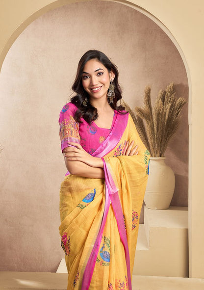 Luxury Flower Print Digital Printed Linen Saree With Elegant Unstitched Blouse Piece