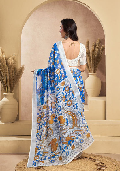 Blue Flower Print Digital Printed Linen Saree With Elegant Unstitched Blouse Piece