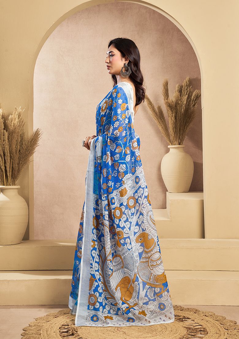 Blue Flower Print Digital Printed Linen Saree With Elegant Unstitched Blouse Piece