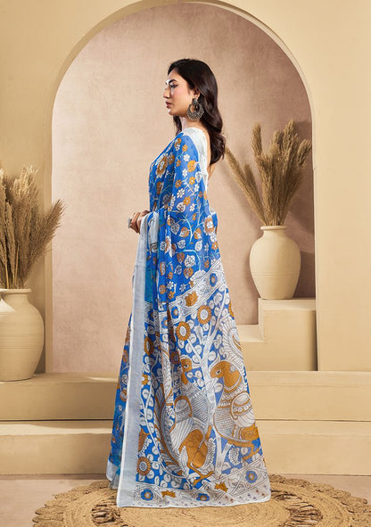 Blue Flower Print Digital Printed Linen Saree With Elegant Unstitched Blouse Piece