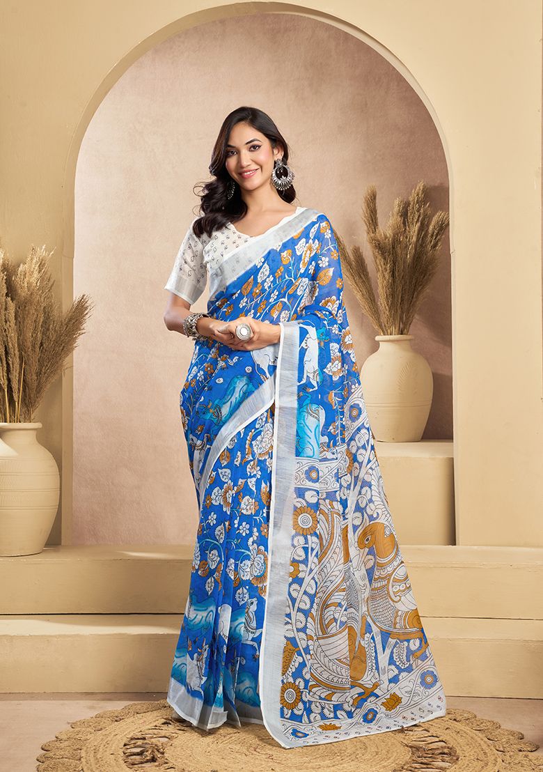 Blue Flower Print Digital Printed Linen Saree With Elegant Unstitched Blouse Piece