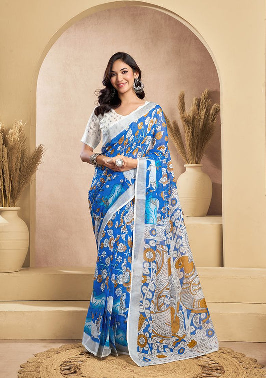 Blue Flower Print Digital Printed Linen Saree With Elegant Unstitched Blouse Piece