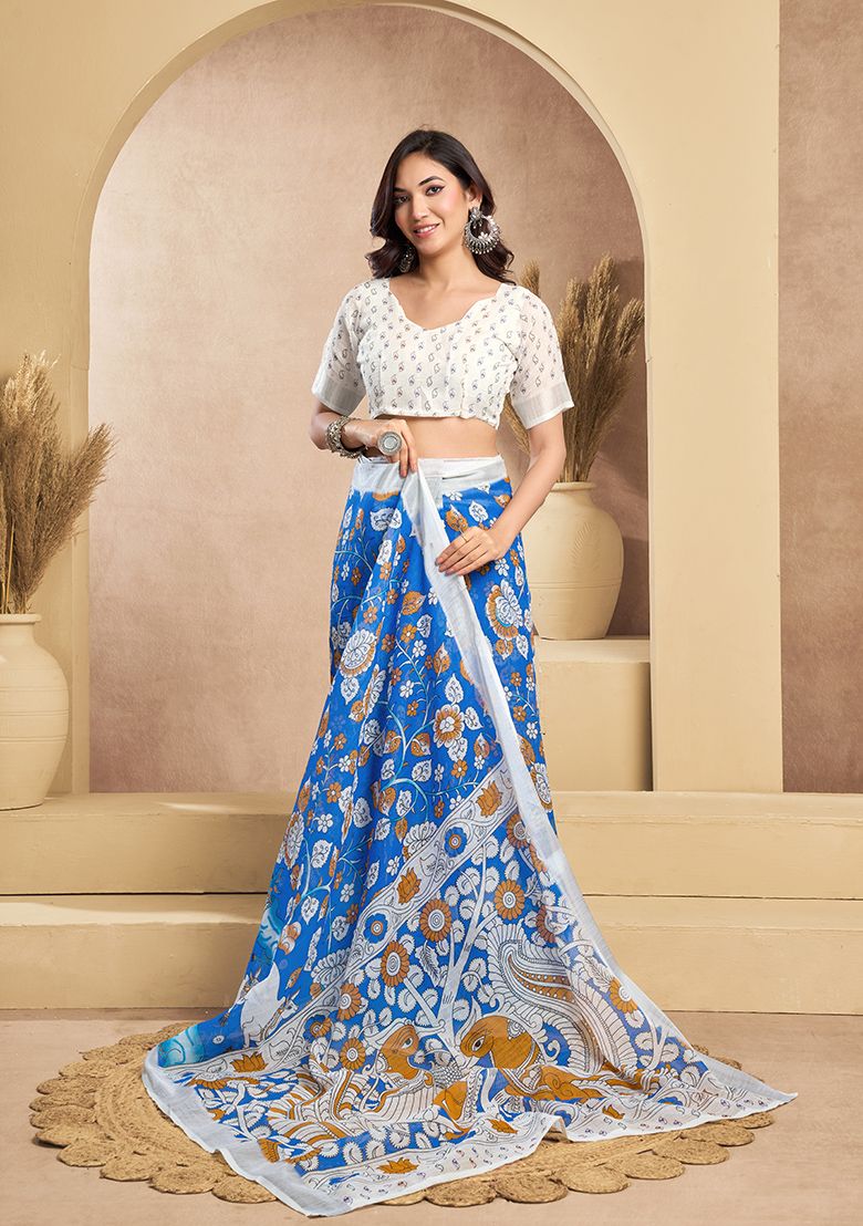 Blue Flower Print Digital Printed Linen Saree With Elegant Unstitched Blouse Piece