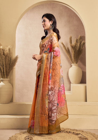 Flower Print Digital Printed Linen Saree With Elegant Unstitched Blouse Piece