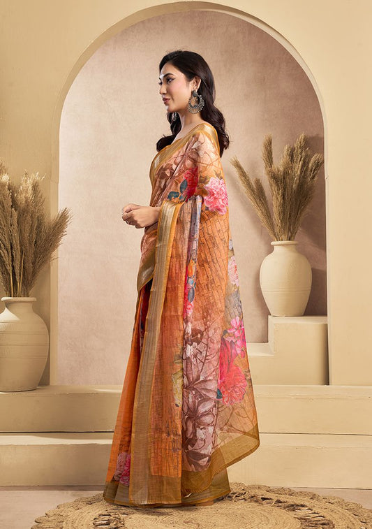 Flower Print Digital Printed Linen Saree With Elegant Unstitched Blouse Piece
