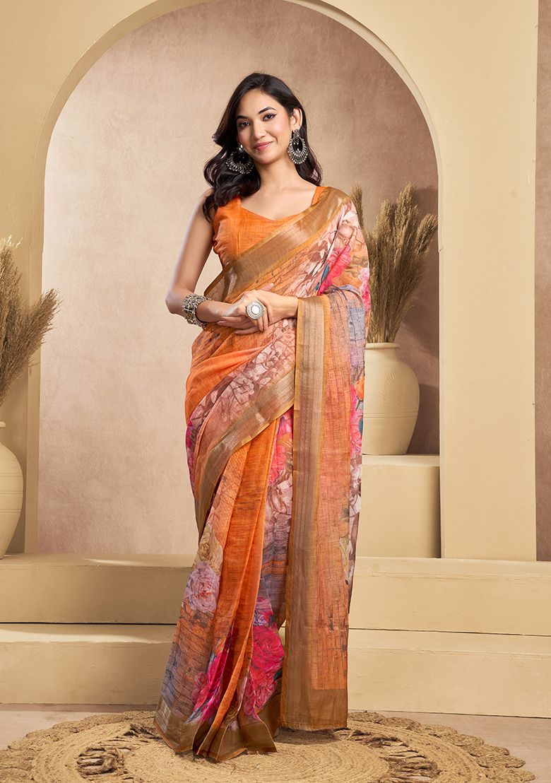 Flower Print Digital Printed Linen Saree With Elegant Unstitched Blouse Piece