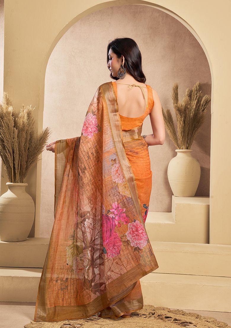 Flower Print Digital Printed Linen Saree With Elegant Unstitched Blouse Piece