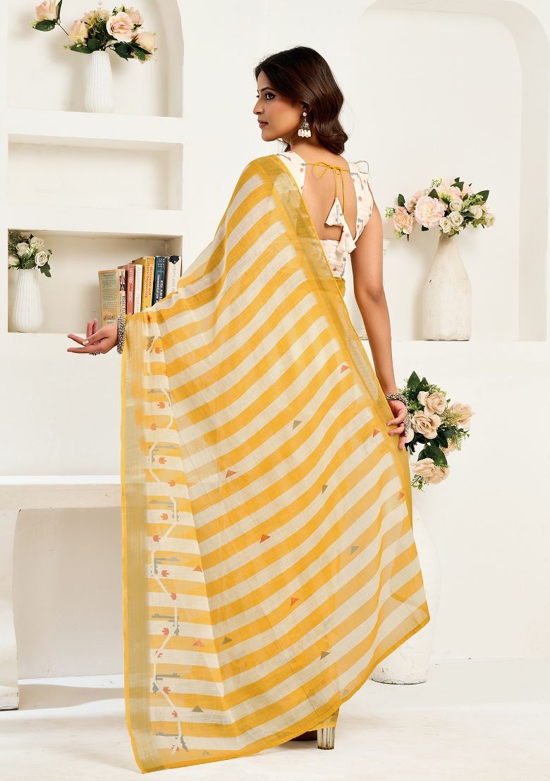 Laheriya Print Digital Printed Linen Saree With Elegant Unstitched Blouse Piece