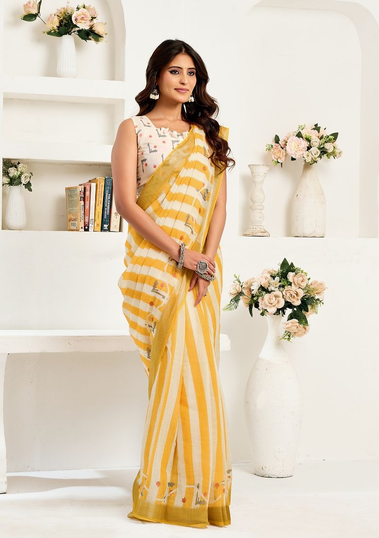 Laheriya Print Digital Printed Linen Saree With Elegant Unstitched Blouse Piece