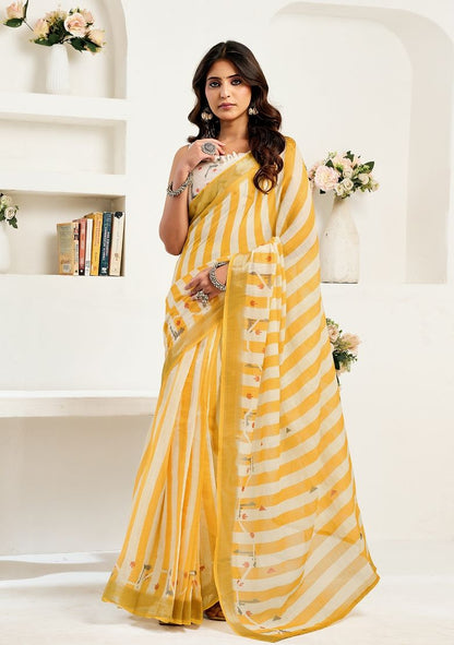 Laheriya Print Digital Printed Linen Saree With Elegant Unstitched Blouse Piece