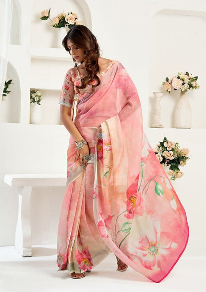 Pink Flower Print Digital Printed Linen Saree With Elegant Unstitched Blouse Piece